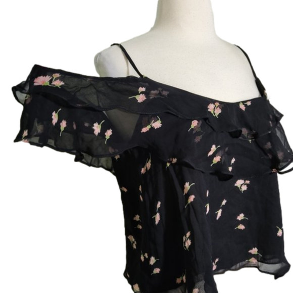ZARA TRAFALUC black floral chiffon off shoulder top S - Picture 4 of 6